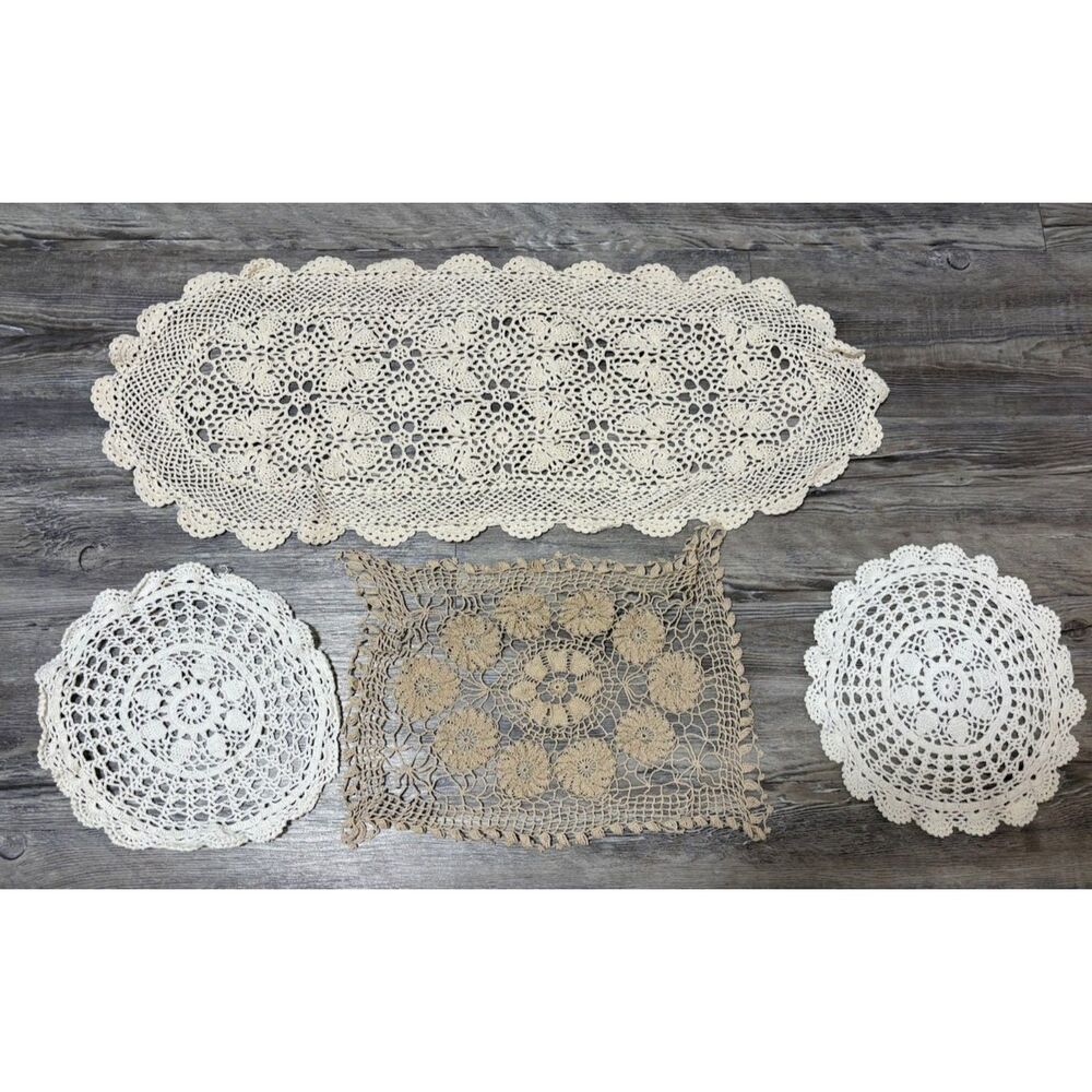 Lot of 4 Doilies Dresser Scarves Cream Ecru Crocheted Boho Decor Cottagecore*